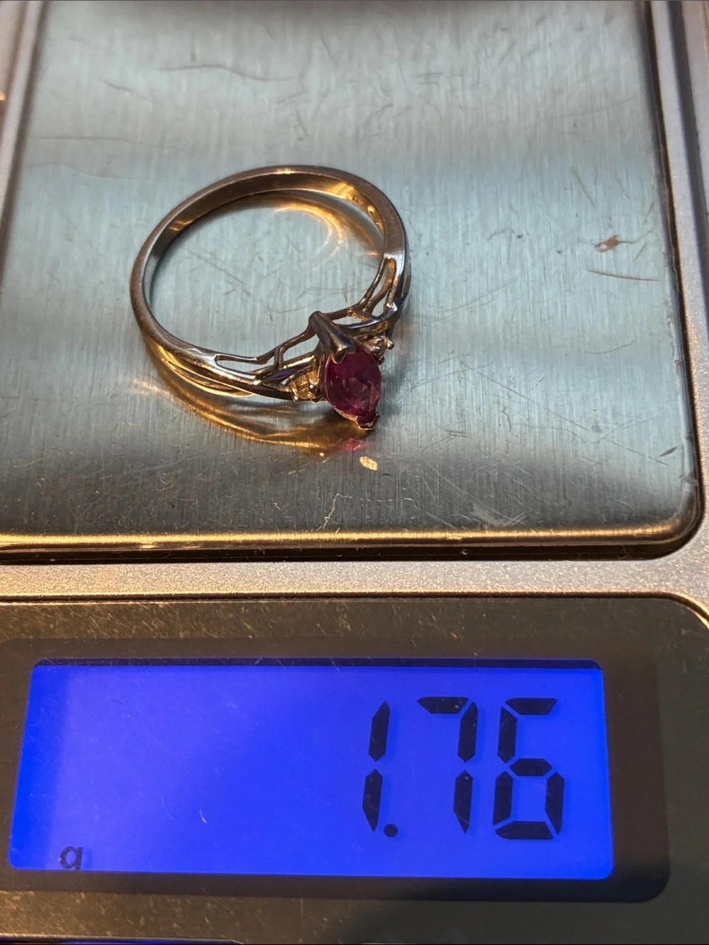 Delicate 10K White Gold Marquise Pink  Topaz (?) Ring with Small Diamonds Size 7